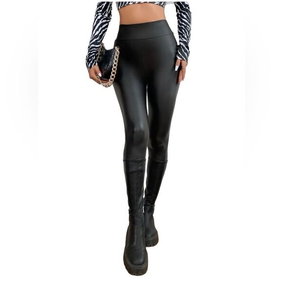 Shein frenchy solid PU leather bodycon high waist black leggings size medium (6) - Picture 1 of 9